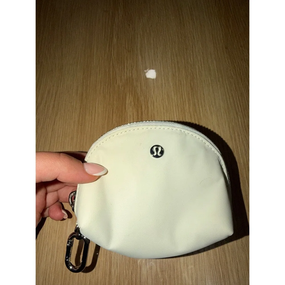 Lululemon Dual Pouch Wristlet Coin Purse Cream Nylon Carabiner Clip Small Bag